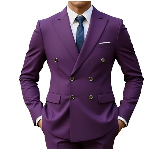 USNSM Men's Double Breasted Suit Blazer Slim Fit Solid Color Sport Coat Jacket for Business, Wedding, Prom, Formal Events Purple L