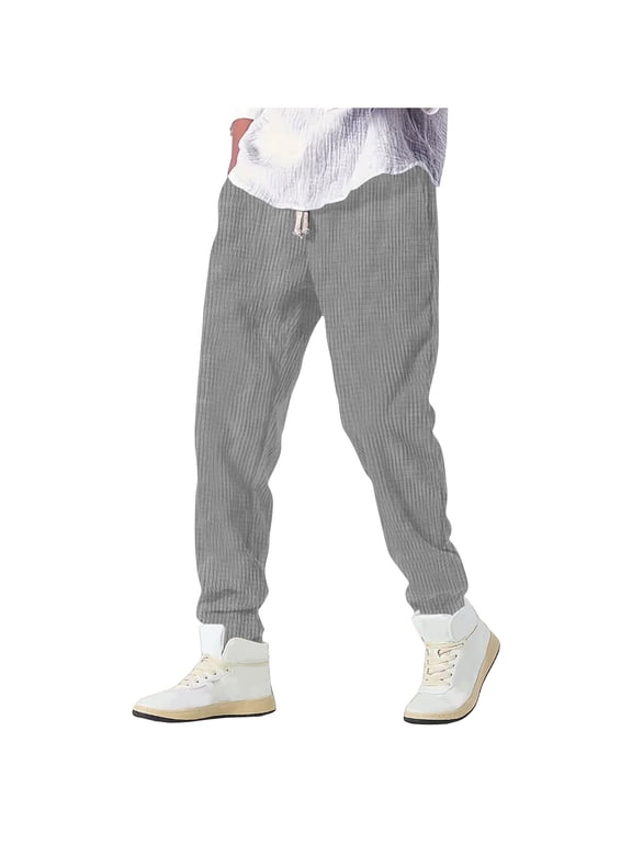 Men's Drawstring Beach Pant Summer Cotton Linen Loose Yoga Jogger Pants Solid Color Elastic Waist Pocket Pants Gray L