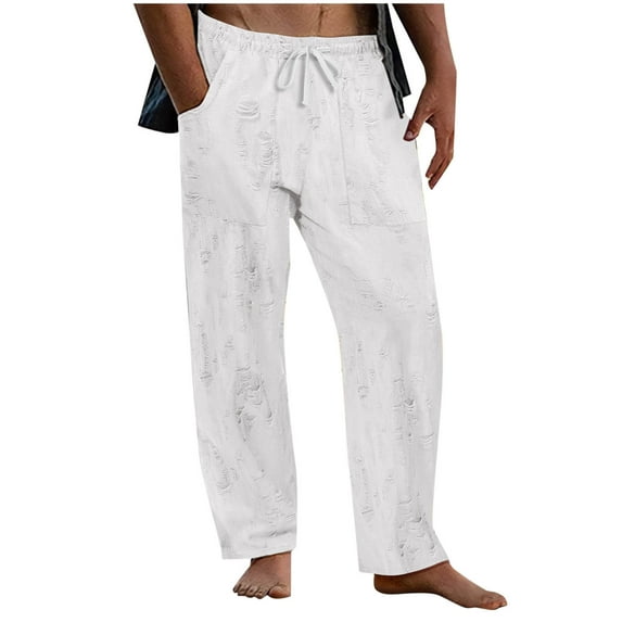 USNSM Men's Drawstring Beach Pant Summer Cotton Linen Loose Yoga Jogger Pants Solid Color Elastic Waist Pocket Pants White XL