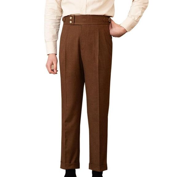 USNSM Men's Dress Pants Formal Business High Waist Buckle Full Length Suit Trousers Flat Front Straight Leg Pants with Pockets Brown M