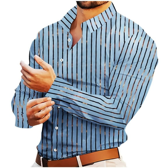 USNSM Men's Dress Shirt Urban Stylish Hot-Stamping Striped Slim Fit Tops Turndown Collar Button up Long Sleeve Shirt Sky Blue 2XL