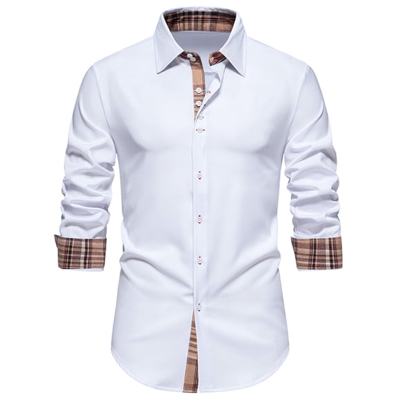 USNSM Men's Dress Shirt Urban Stylish Patchwork Plaid Slim Fit Casual Business Shirt Lapel Button up Long Sleeve Tops White S