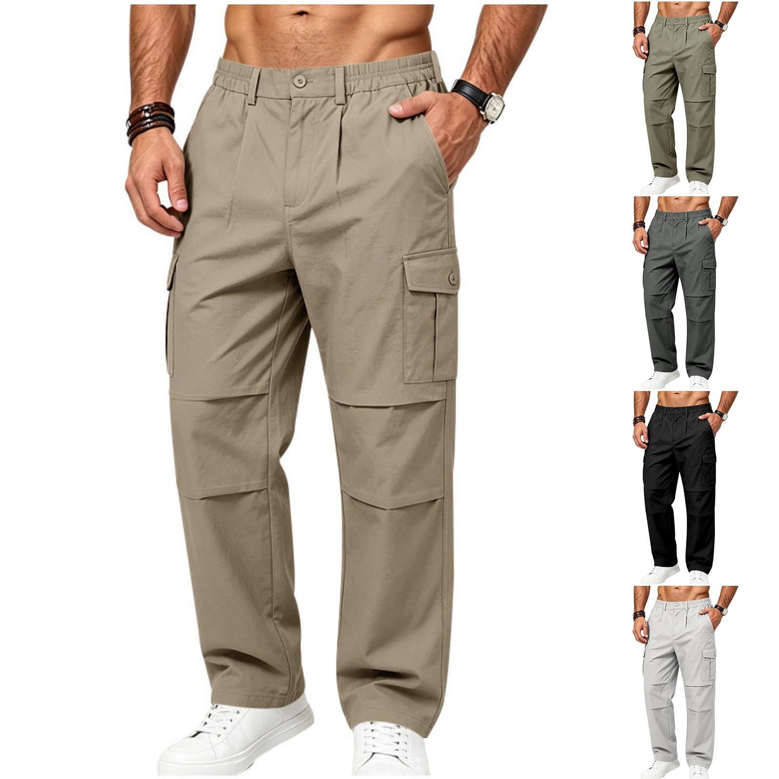 USNSM Men's Elastic Waist Twill Cargo Pants Button Fly Straight Leg ...