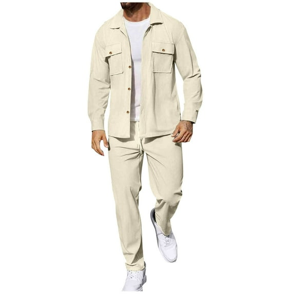USNSM Men's Fall Winter Solid Color Corduroy Loose Casual Sport Pocket Drawstring Pants Button Long Sleeve Lapel Top Suit Beige XL