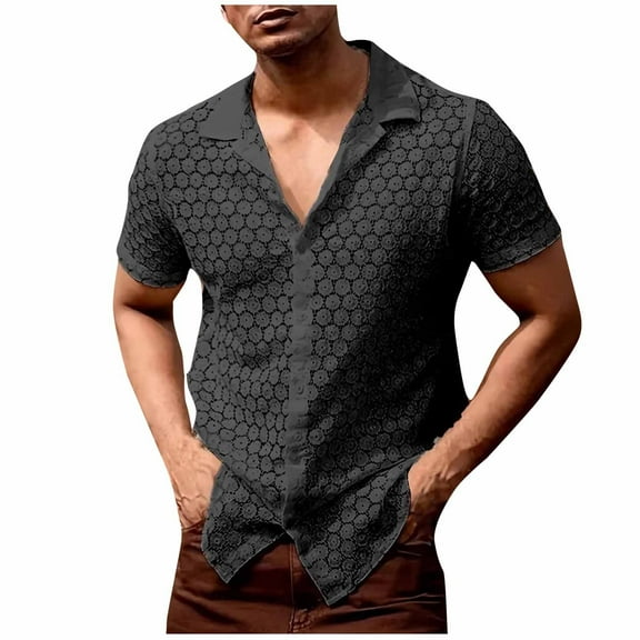 USNSM Men's Fashion Button Openwork See-through Lace Dress Shirts Wrinkle-Free Short Sleeve Casual Flip Collar Shirt Black S