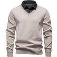 thumbnail image 1 of USNSM Men's Fashion Color Blocked Shirt with Fake Two-Piece Design Long Sleeve Collared Half-Button-Up Top Knit Sweater Beige XXL, 1 of 4