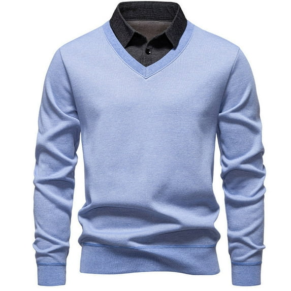 USNSM Men's Fashion Color Blocked Shirt with Fake Two-Piece Design Long Sleeve Collared Half-Button-Up Top Knit Sweater Blue XL