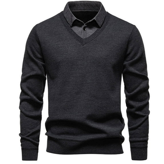 USNSM Men's Fashion Color Blocked Shirt with Fake Two-Piece Design Long Sleeve Collared Half-Button-Up Top Knit Sweater Gray M