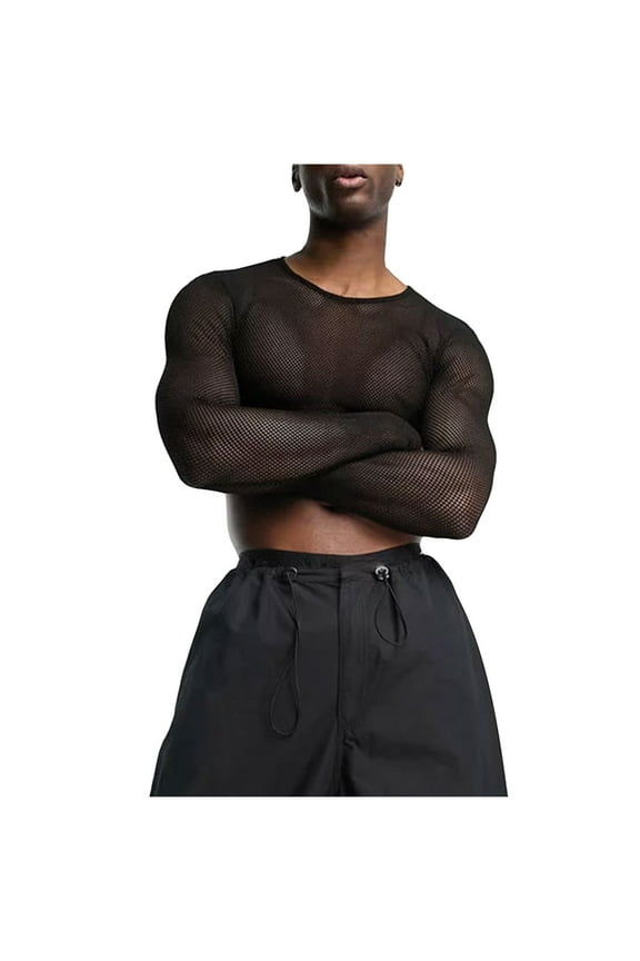 Men's Fashion Hollow Out Fishnet Sheer Mesh Long Sleeve T-Shirt Crop Top Slim Fit Party Tee Tops Trendy Black XXXL
