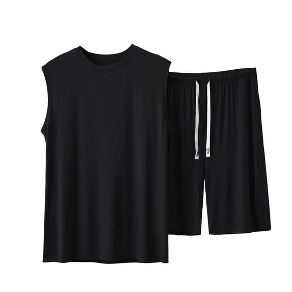 USNSM Men's Fashion Sleeveless Round Neck Tank Top Spring and Summer Soft Breathable Comfort Sports Drawstring Shorts Modal Suit Black XXXXL