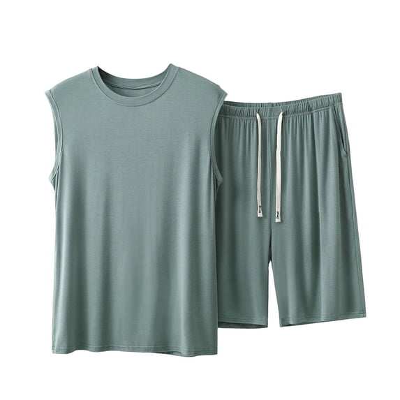 USNSM Men's Fashion Sleeveless Round Neck Tank Top Spring and Summer Soft Breathable Comfort Sports Drawstring Shorts Modal Suit Green L