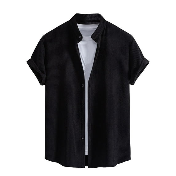 USNSM Men's Fashion Solid Color Textured Short Sleeve Button Down Shirts Basic Work Casual Turndown Collar Shirt Tops Black XXL