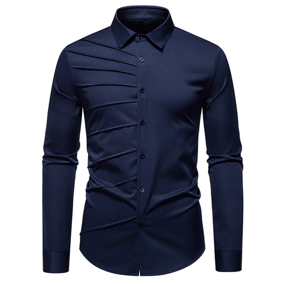 USNSM Men's Fashion Solid Long Sleeve Dress Shirt Classic Slim Fit Wrinkle-Free Casual Business Button Up Shirts Blue XXL