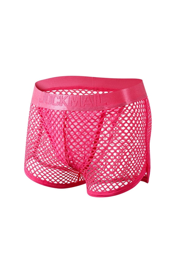 USNSM Men's Fashion Solid Mesh Boxer Briefs Hot Low Waist Sexy Uderwer Breathable Fishnet Trunks Hot Pink L