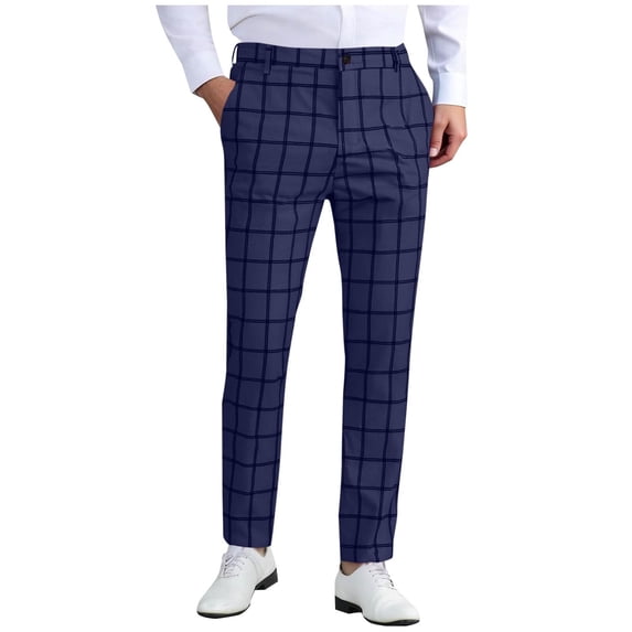 USNSM Men's Fashion Stretch Dress Pants Slim Fit Plaid Skinny Long Pants Casual Formal Business Golf Dress Pants Blue XXXL
