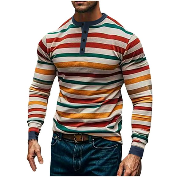 USNSM Men's Fashion Striped Printed Slim Fit Breathable Base Henley Shirt Casual Fitness Training T-Shirt Crew Neck Buttons Long Sleeve Pullover Tees Orange L