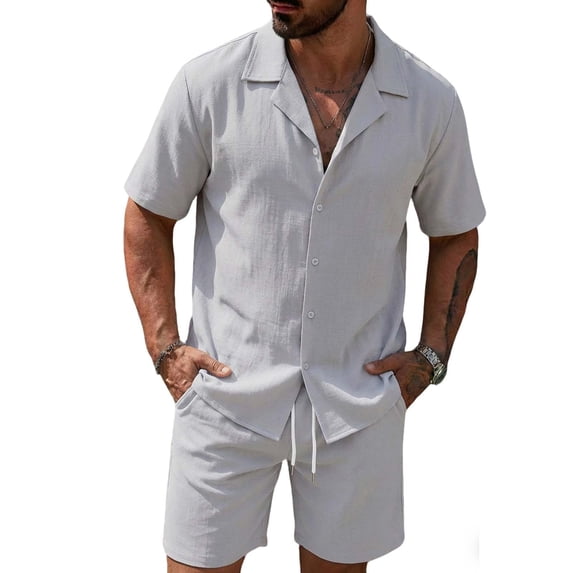 USNSM Men's Fashion Summer Linen 2 Piece Sets, Short Sleeve Loose Lapel Button Down Shirts and Shorts Vacation Beach Outfits Gray XXL