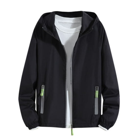 USNSM Men's Fashionable Outdoor Pocket Reflective Zipper Hooded Long Sleeved Solid Color Sunscreen Outwear Jackets Black XXXXXL