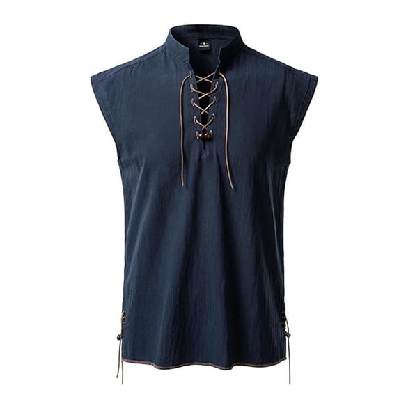 USNSM Men's Faux Cotton Linen Vintage Pullover Solid Color Sleeveless Lapel Tie Vest Top Renaissance Clothes Blue L