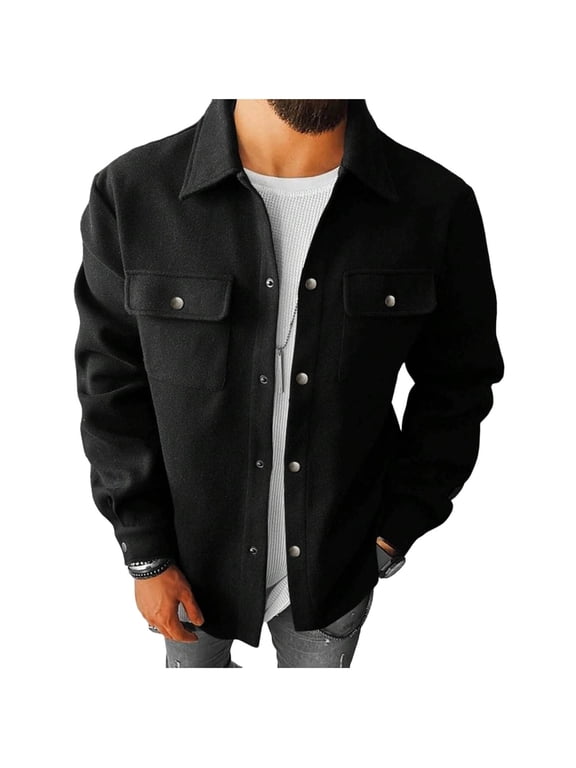 Men's Flannel Jacket Casual Solid Color Long Sleeve Shirt Jackets Button Down Fleece Shacket Double Pockets Workwear Soft Outwear Black XXL
