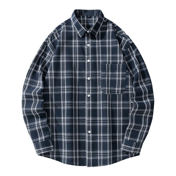USNSM Men's Flannel Shirt Casual Business Plaid Loose Shirt Turndown Collar Button up Long Sleeve Tops with Chest Pocket Navy L