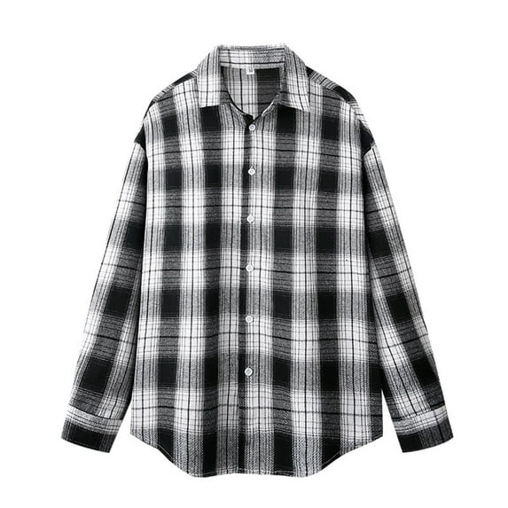 USNSM Men's Flannel Shirts Casual Button Down Plaid Shirt Jacket Long Sleeve Lapel Blouse Coat with Pockets Black XXL