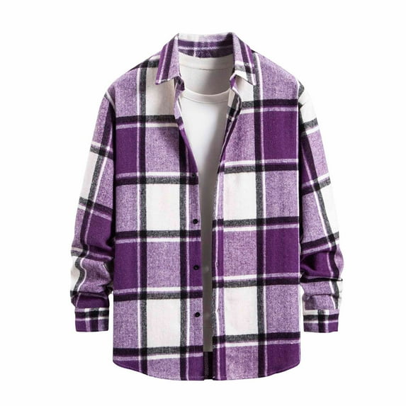 USNSM Men's Flannel Shirts Casual Fashion Long Sleeve Casual Cotton Plaid Turndown Collar Button Down Shirt Jacket Purple XXL