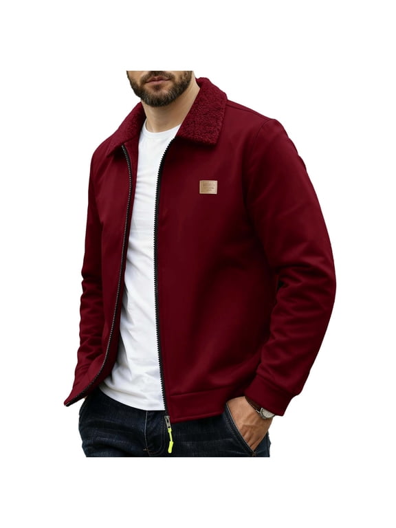 Men's Fleece Lined Jacket Casual Solid Color Warm Full Zip Up Thick Jacket Outwear Winter Long Sleeve Coat Jacket with Pocket Red XL