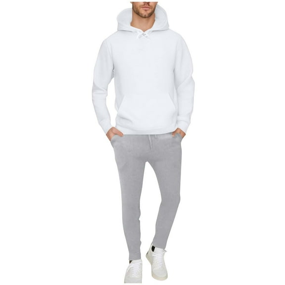 USNSM Men's Fleece Lined Solid Color Relaxed Fit Pocket Drawstring Casual Hoodie and Sweatpants Outfit Long Sleeve Hooded Set White XL