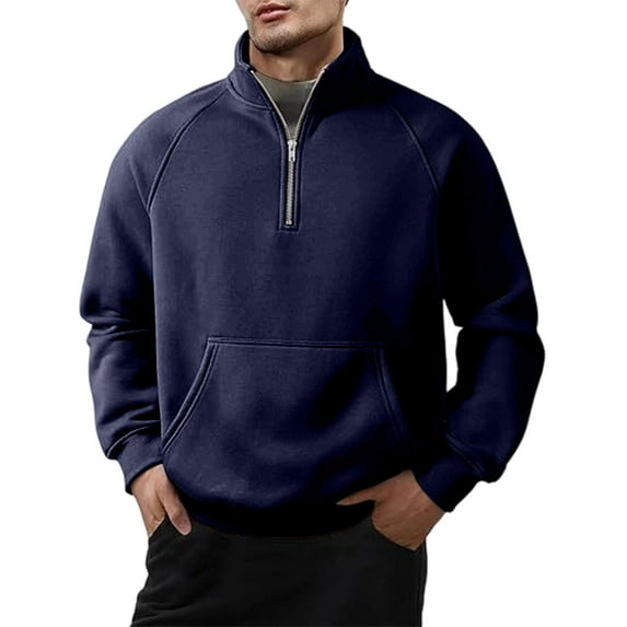 USNSM Men's Fleece Quarter Zip Pullover Sweater Casual Solid Color Long Sleeve Stand-Up Collar Outfit Warm Mock Neck with Pockets Blue M