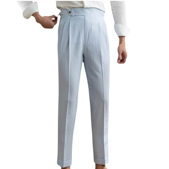 USNSM Men's Formal Business Dress Pants Urban Stylish High Rise Buckle Suit Pants Pleat Front Straight Leg Trousers with Pockets Blue M