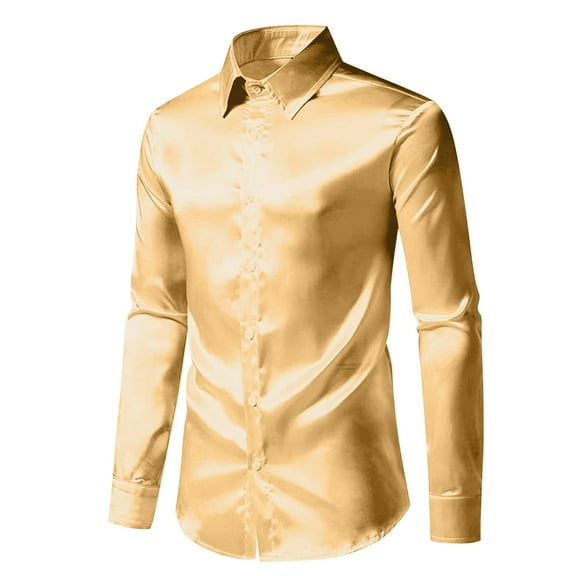 USNSM Men's Formal Business Fancy Party Prom Dress Shirt Luxury Satin Shinny Silk T-Shirt Slim Fit Turndown Collar Button Up Long Sleeve Tees Tops Gold L
