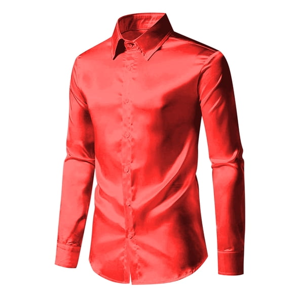 USNSM Men's Formal Business Fancy Party Prom Dress Shirt Luxury Satin Shinny Silk T-Shirt Slim Fit Turndown Collar Button Up Long Sleeve Tees Tops Red M