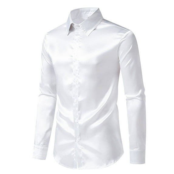USNSM Men's Formal Business Fancy Party Prom Dress Shirt Luxury Satin Shinny Silk T-Shirt Slim Fit Turndown Collar Button Up Long Sleeve Tees Tops White L