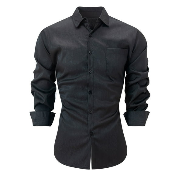 USNSM Men's Formal Dress Shirt Casual Business Slim Fit Solid Tops Turndown Collar Button up Long Sleeve Shirt with Chest Pocket Black 2XL