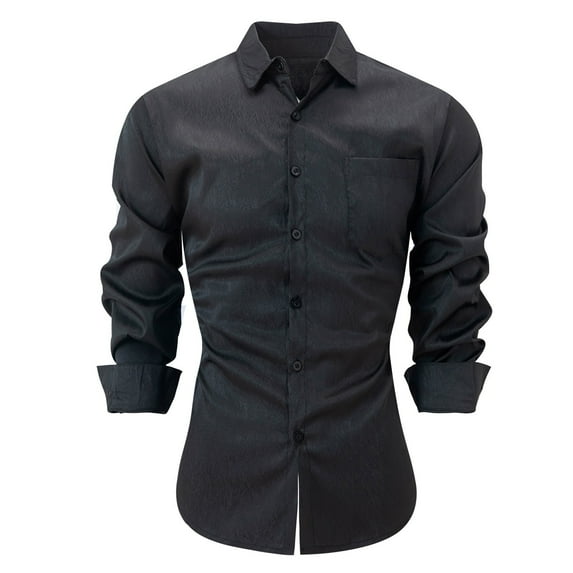 USNSM Men's Formal Dress Shirt Casual Business Slim Fit Solid Tops Turndown Collar Button up Long Sleeve Shirt with Chest Pocket Black S