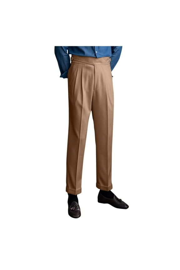 Men's Formal Suit Pants Casual Business Cotton High Rise Buckle Dress Pants Flat Front Straight Leg Trousers with Pockets Khaki M