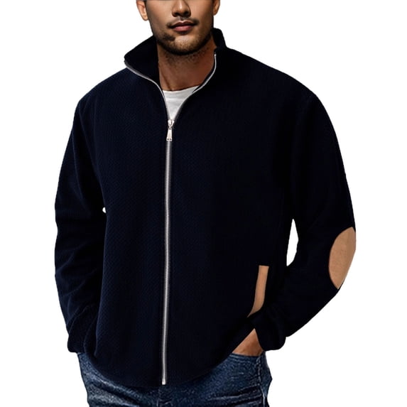 USNSM Men's Full Zip Cardigan Sweaters Vintage Casual Solid Color Long Sleeved Stand Collar Cardigan Slim Fit Knitted Sweater Coat Blue M