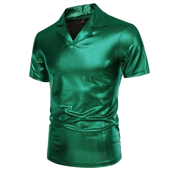 USNSM Men's Glossy Hot Stamped V-Neck Lapel Disco Short Sleeve Solid Color T-Shirt Top Trendy Fashion Top Shirt Green M