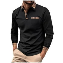 USNSM Men's Golf Shirt Casual Athletic Patchwork Slim Fit Breathable T-Shirt Turndown Collar Button Long Sleeve Pullover Shirt with Chest Pocket Black 2XL
