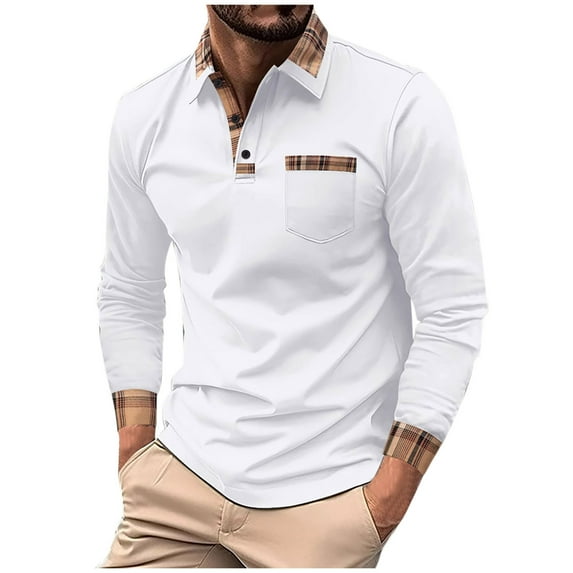USNSM Men's Golf Shirt Casual Athletic Patchwork Slim Fit Breathable T-Shirt Turndown Collar Button Long Sleeve Pullover Shirt with Chest Pocket White M