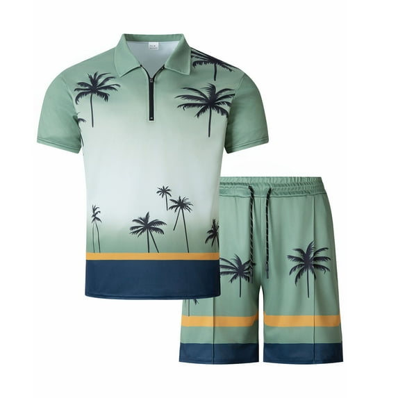USNSM Men's Gradient Color Printed Short Sleeve Shorts Two Piece Athletic Casual Suit Loose Comfort Breathable Lapel Suit Green XXL