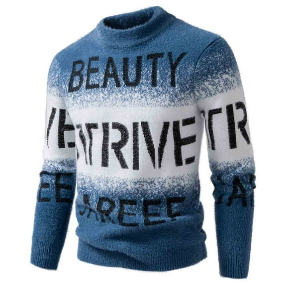 USNSM Men's Gradient Thickened Stretch Letter Print Fashionable Warm Faux Fleece Knit Sweater Base Layer Half-High Neck Pullover Blue M