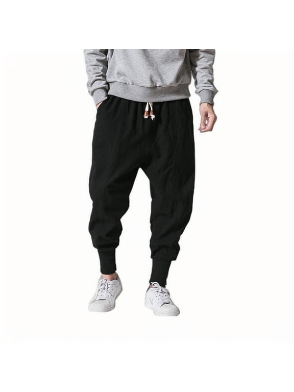 Men's Harem Pants Casual Hippie Plus Size Cotton Linen Drop - crotch Pants Lace-up Elastic Waist Tapered Trousers with Pockets Black M