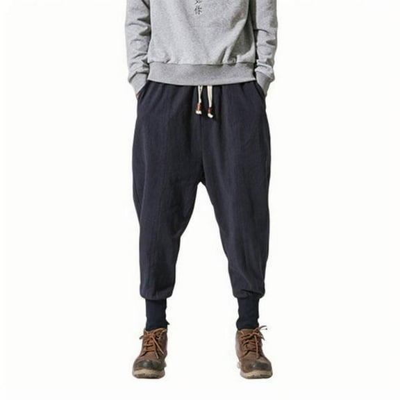 USNSM Men's Harem Pants Casual Hippie Plus Size Cotton Linen Drop - crotch Pants Lace-up Elastic Waist Tapered Trousers with Pockets Navy L