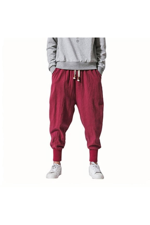 Men's Harem Pants Casual Hippie Plus Size Cotton Linen Drop - crotch Pants Lace-up Elastic Waist Tapered Trousers with Pockets Red M