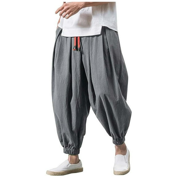 USNSM Men's Harem Pants Casual Hippie Plus Size Lightweight Breathable Trousers Lace-up Elastic Waist Tapered Pants with Pockets Dark Gray 5XL