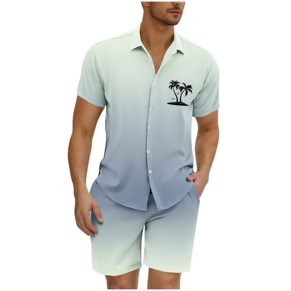 USNSM Men's Hawaiian Gradient Coconut Tree Print Beach Lapel Button Closure With Pockets Shirt Short Sleeve Drawstring Shorts Set Blue M