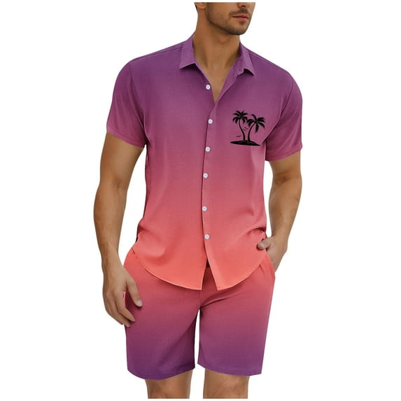 USNSM Men's Hawaiian Gradient Coconut Tree Print Beach Lapel Button Closure With Pockets Shirt Short Sleeve Drawstring Shorts Set Pink XXXL