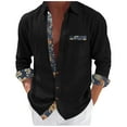 thumbnail image 1 of USNSM Men's Hawaiian Shirt Linen Long Sleeve Regular Fit Collar Button Down Shirt Casual Print Shirts with Pocket Black S, 1 of 6